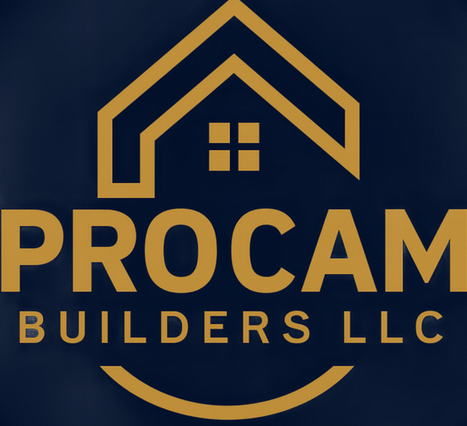 Logo for PROCAM BUILDERS LLC: Gold house icon atop gold text on a dark blue background.