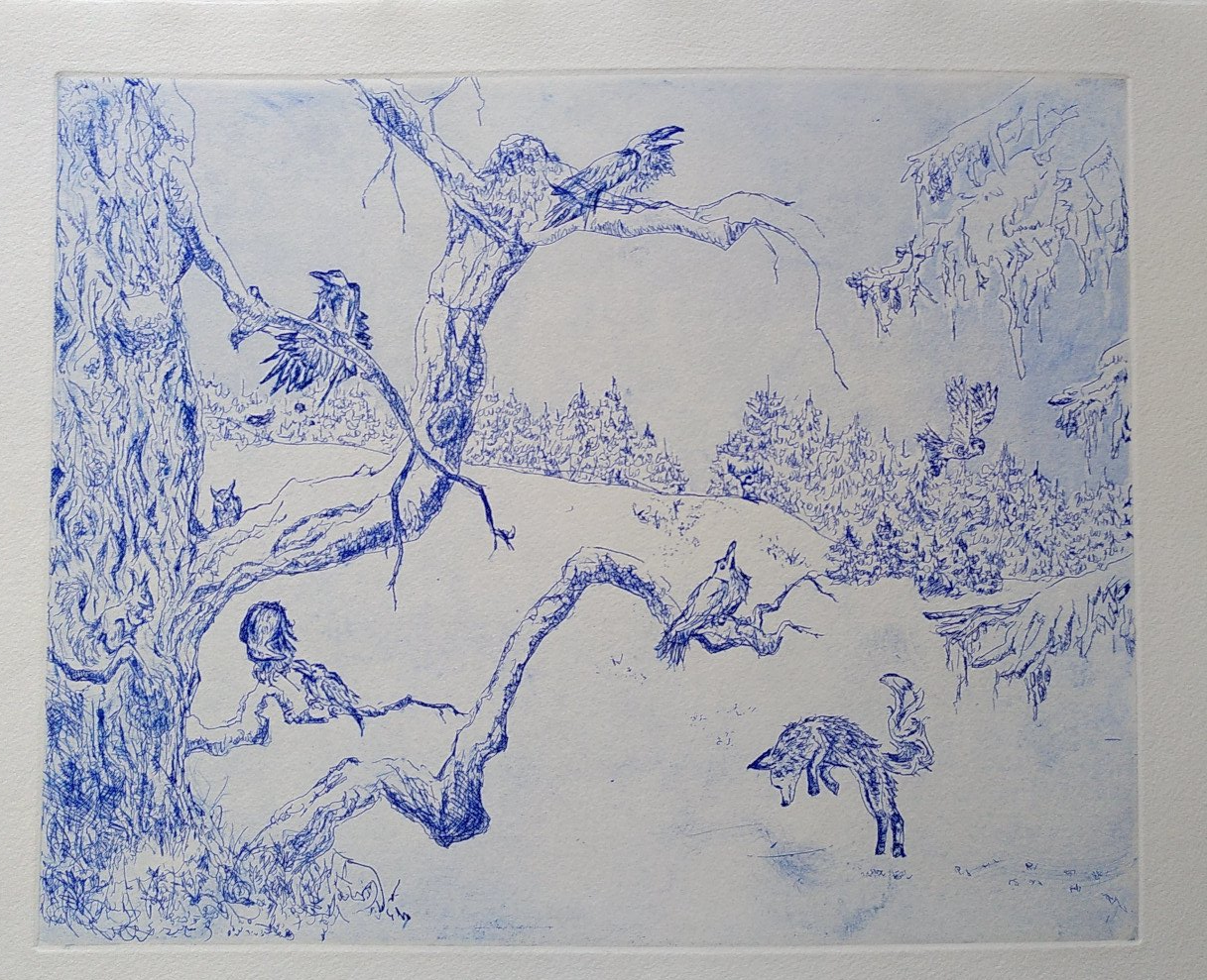 rabe fuchs etching blue blau radierung raven fox