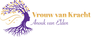 Logo Vrouw van Kracht Purple tree logo with roots and gold text reading “Vrouw van Kracht” and “Anouk van Etten”