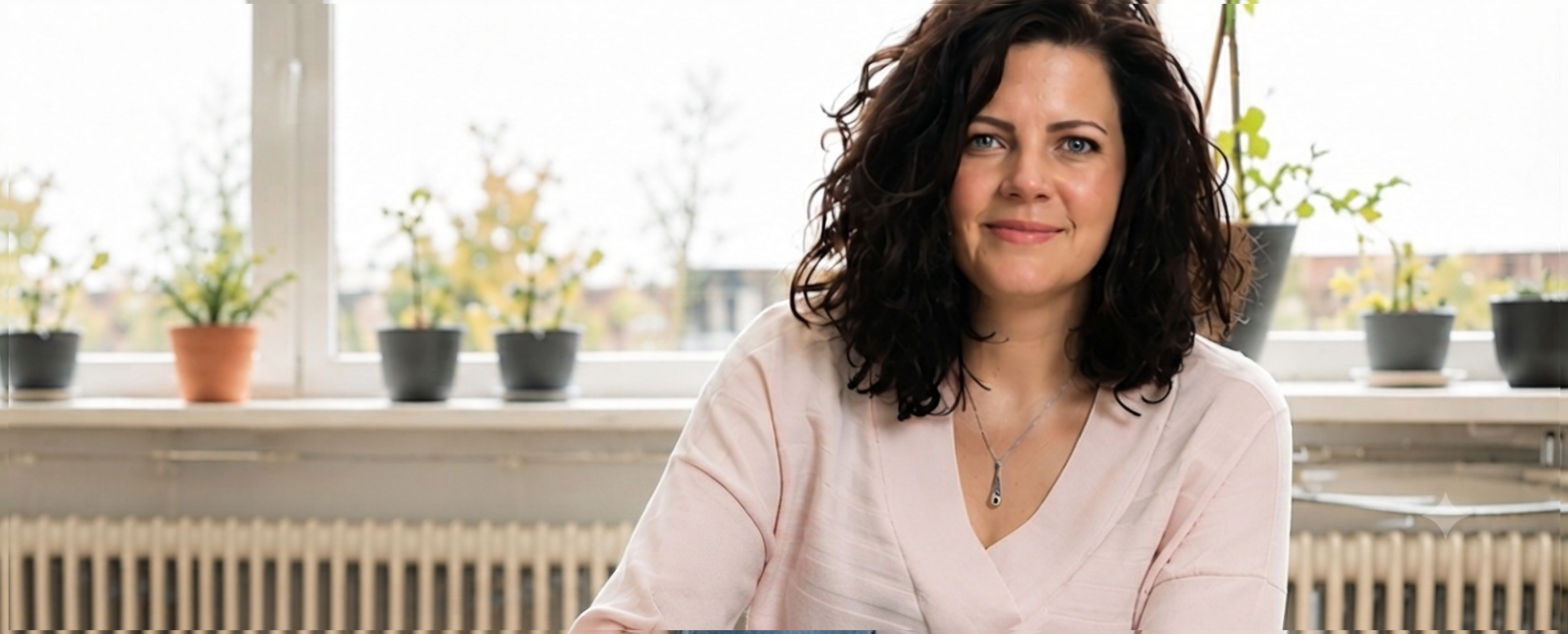 Vrouw met krullend donker haar zit binnen bij een licht raam met potplanten achter haar.