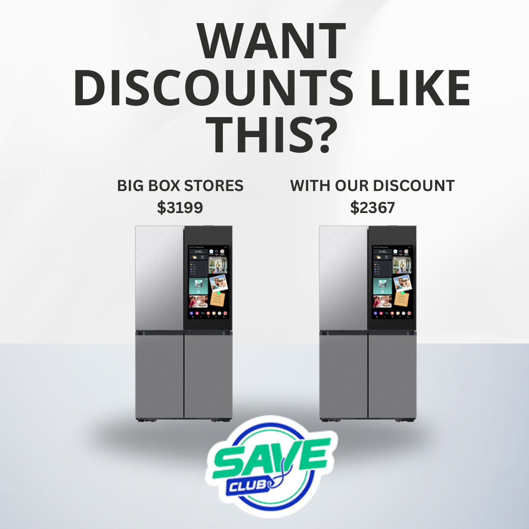 Two refrigerators are sitting next to each other on a white surface. showing Save Club savings