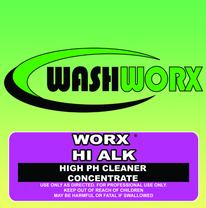 WashWorx HI ALK cleaning product label. Green and purple with black text. Contains warnings for children and swallowing.
