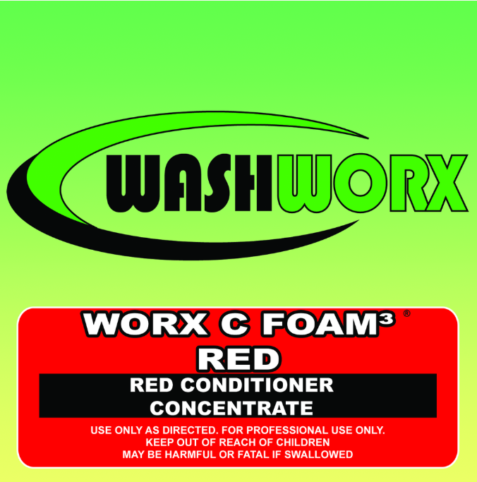 Logo for WashWorx WORX C FOAM3 Red conditioner concentrate. Green, black and red colors are used.