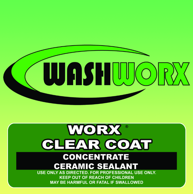Label for Washworx Clear Coat ceramic sealant concentrate. Green background, black text and logo.