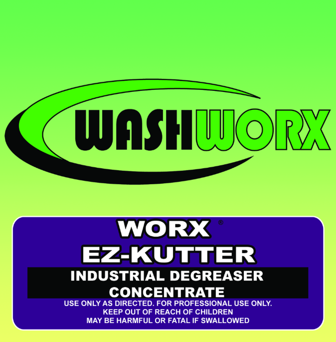 WashWorx EZ-Kutter industrial degreaser concentrate label, with green and blue background.