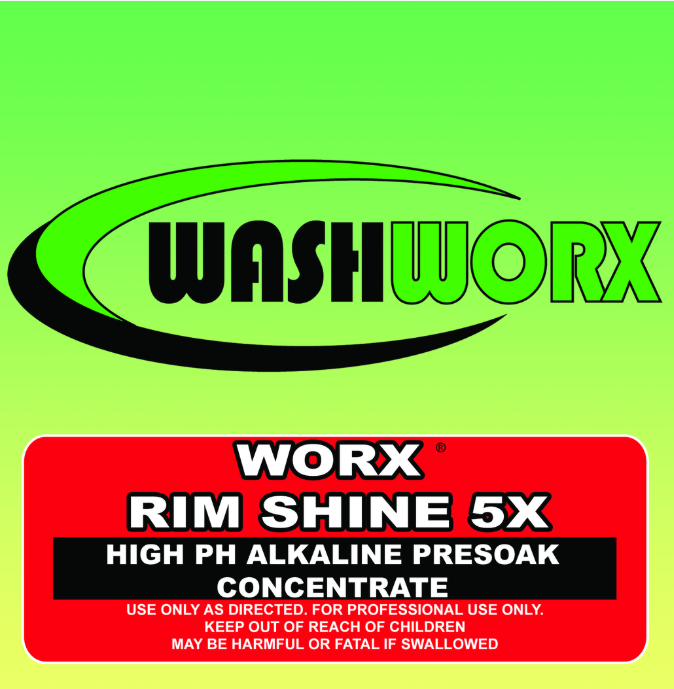 Logo for WashWorx Rim Shine 5X, a high pH alkaline presoak concentrate for professional use.