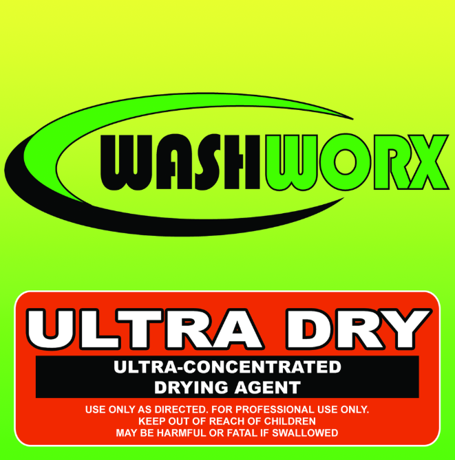 Logo for WashWorx Ultra Dry drying agent, neon green and red with black text.