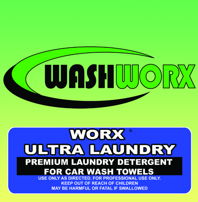 Logo for WashWorx detergent. Green and black logo above blue label. Text: 