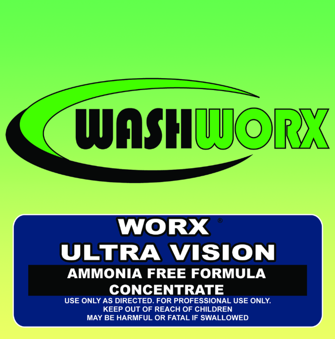 Logo for WashWorx Ultra Vision, an ammonia-free concentrated cleaner for professional use.