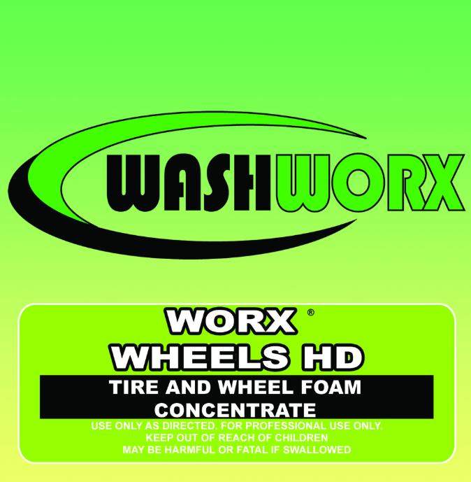 WashWorx Wheels HD tire and wheel foam concentrate label with a green and black color scheme.