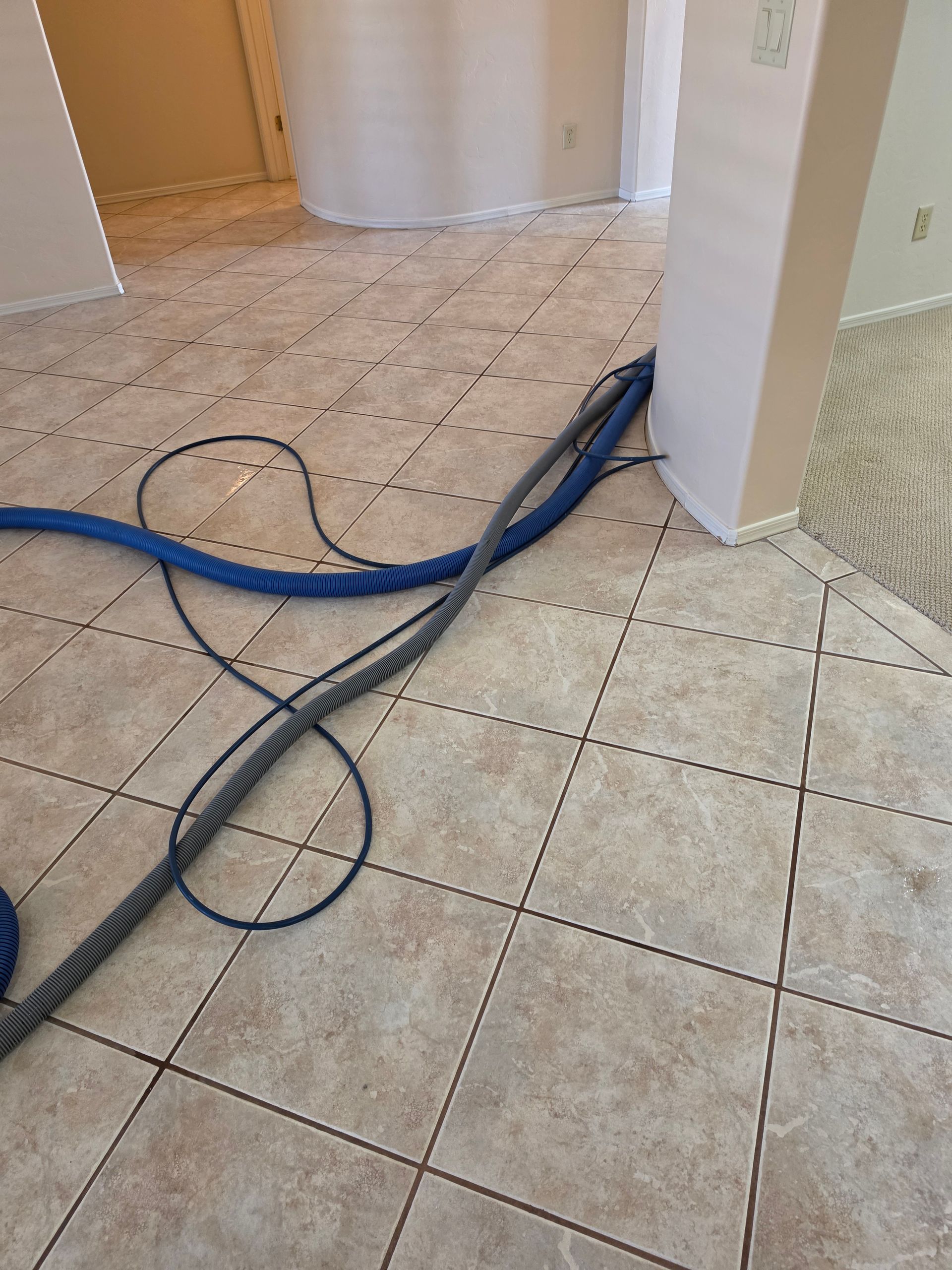 Gloved hand applying sealant along a floor tile seam with a caulking tool