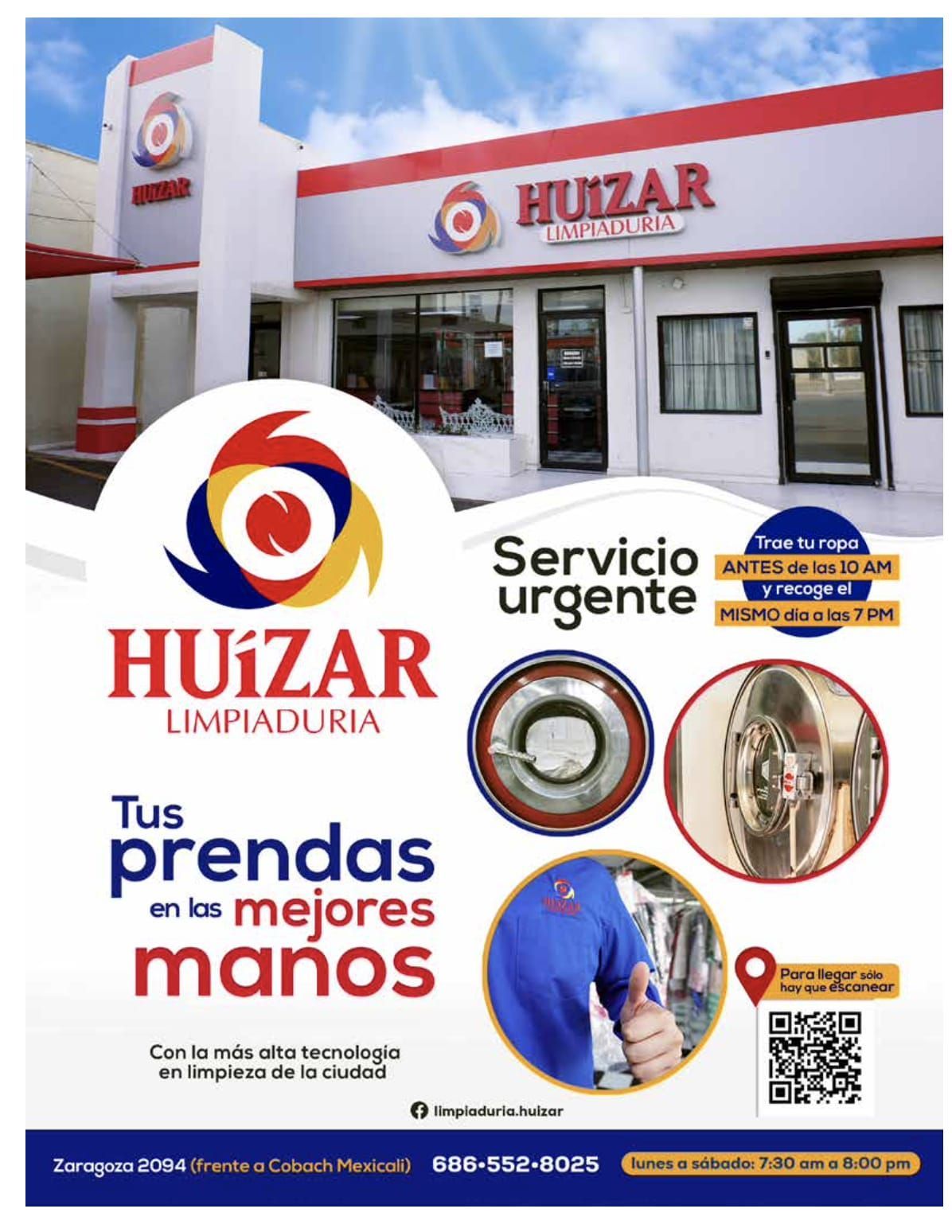 Anuncio de Huizar LIMPANDURIA. Edificio con detalles en rojo y blanco. Servicio urgente. 