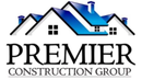 Logo for Premier Construction Group featuring an illustration of a house with a blue roof above black text.