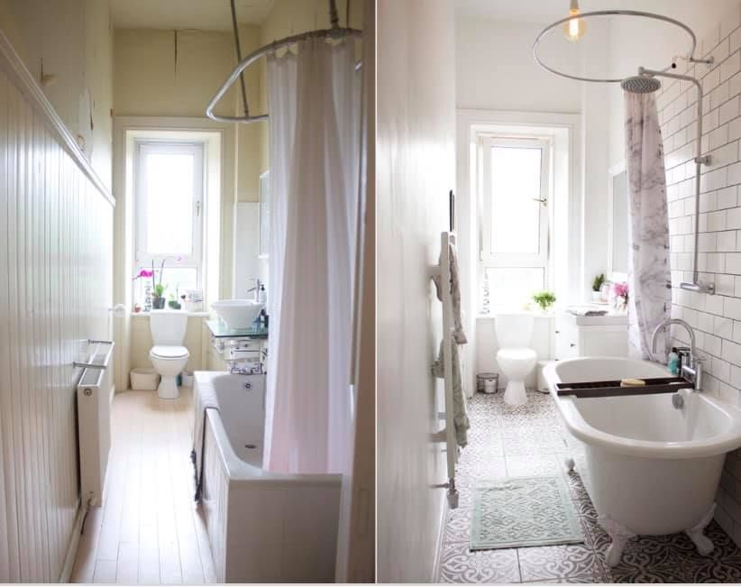 A split image showing a bathroom before renovation with a plain tub and after renovation with a white clawfoot tub.