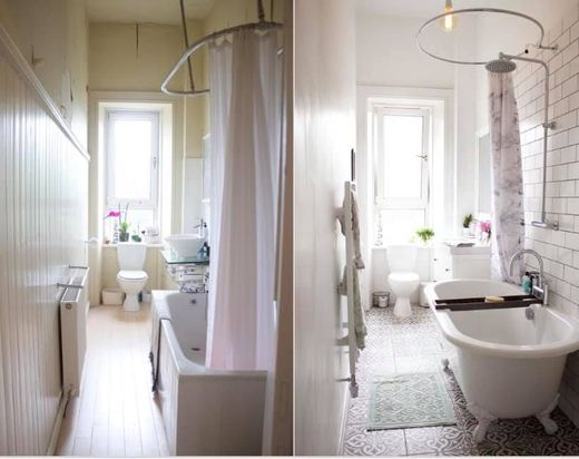A split image showing a bathroom before renovation with a plain tub and after renovation with a white clawfoot tub.