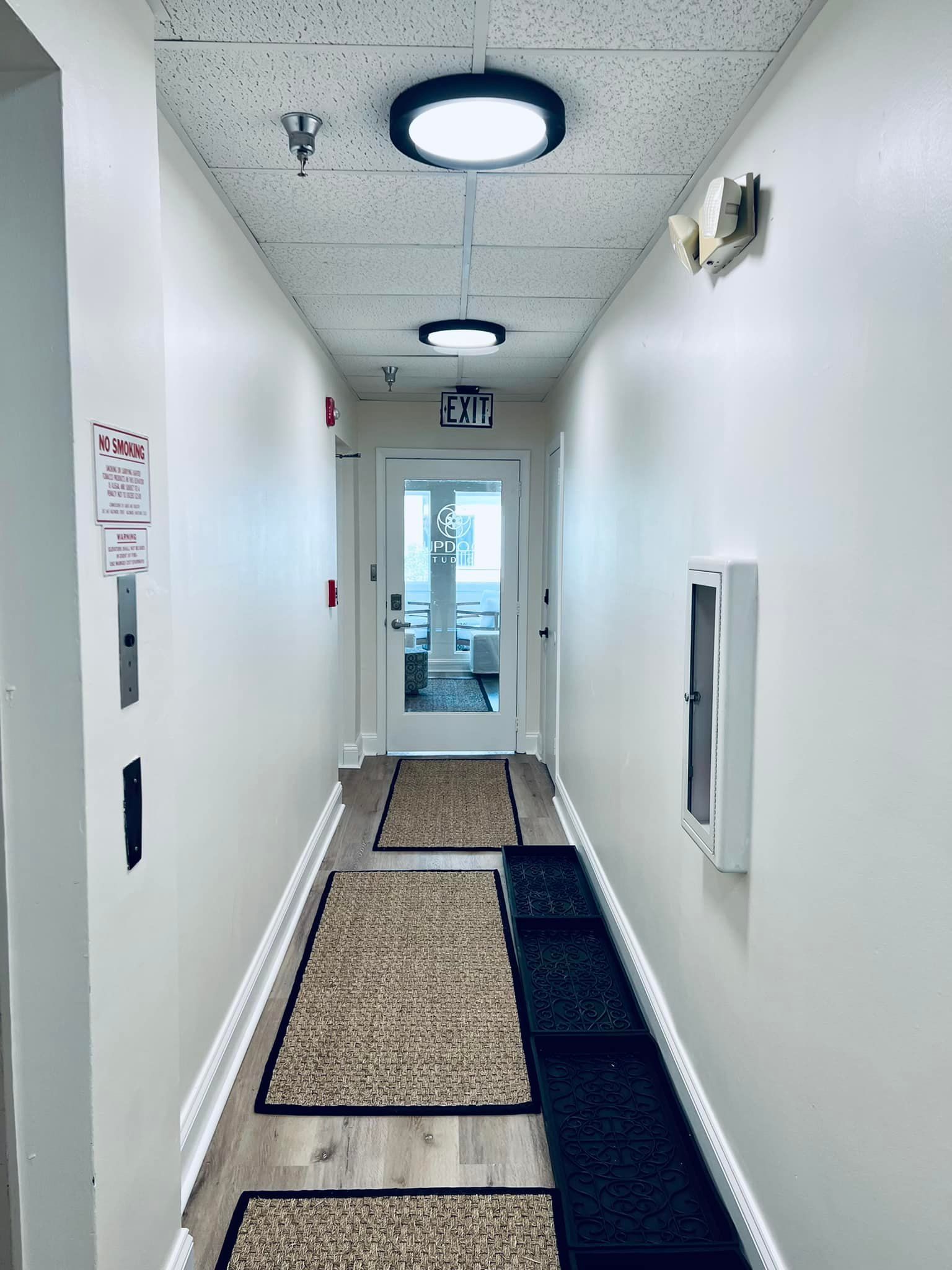 A narrow hallway with white walls, light flooring, two ceiling lights, a glass door at the end, and several floor mats.