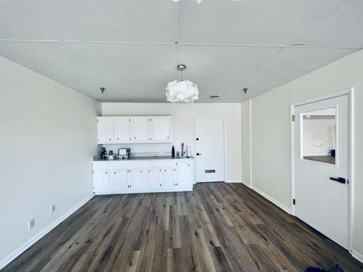 A bright room with white walls, a white kitchenette, a central light fixture, and gray wood-look plank flooring.