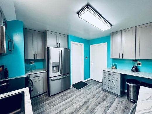 A modern kitchen with bright teal walls, gray cabinets, stainless steel appliances, and wood-patterned flooring.
