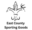 Black logo: Fleur-de-lis with duck, fish, deer heads, and fishing hooks, "East County Sporting Goods" text below.