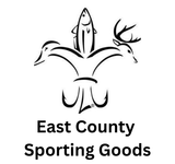 Black logo: Fleur-de-lis with duck, fish, deer heads, and fishing hooks, "East County Sporting Goods" text below.