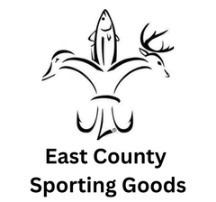 Black logo: Fleur-de-lis with duck, fish, deer heads, and fishing hooks, "East County Sporting Goods" text below.