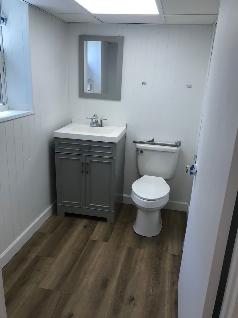 Small bathroom with a gray vanity, mirror, and toilet. White walls and wood-look floor.