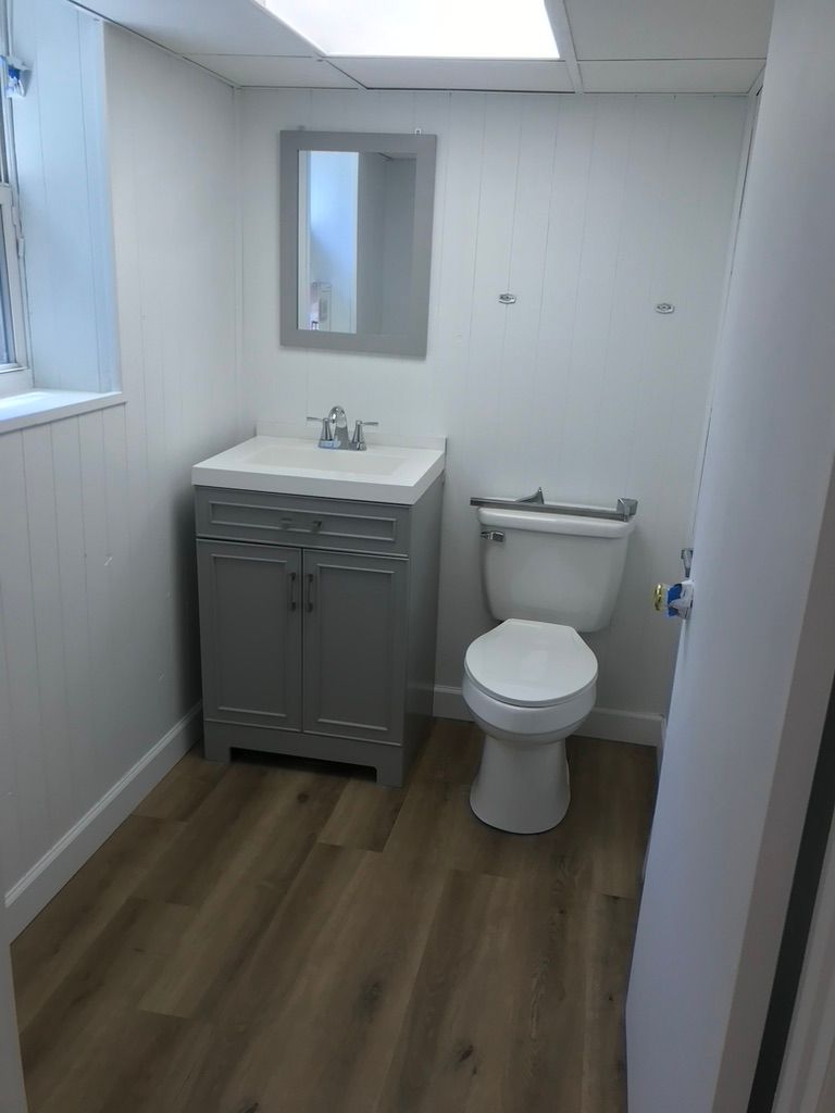 Small bathroom with gray vanity, toilet, and mirror; white walls, wood-look floor.
