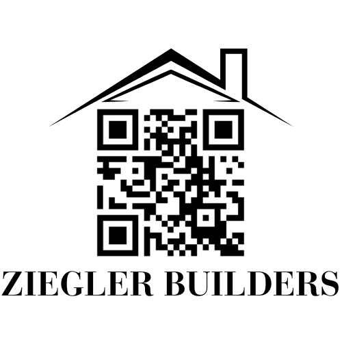 Black and white logo: House outline over QR code, "ZIEGLER BUILDERS" below.