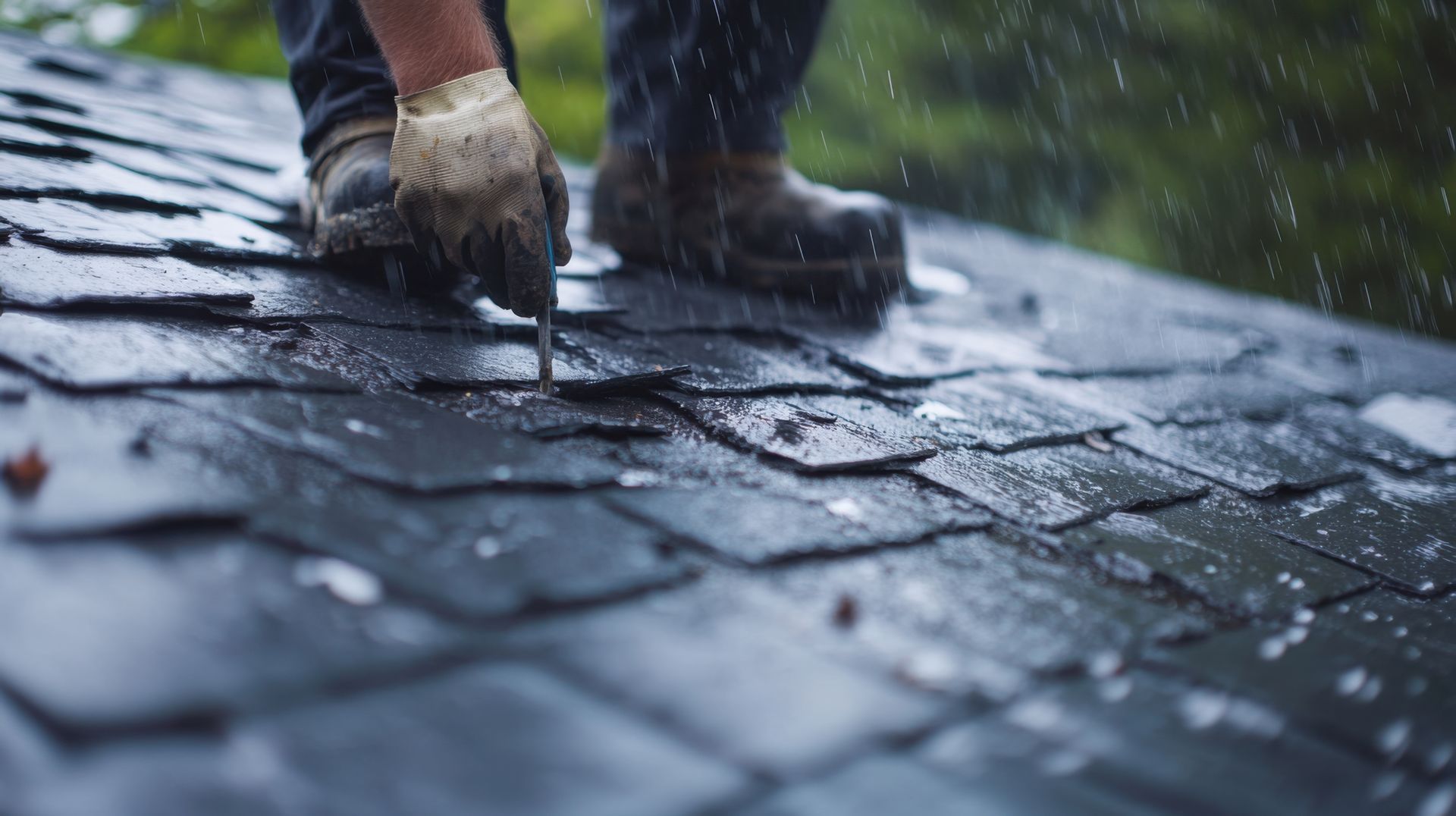 A technician inspecting damaged shingles in the rain for an urgent roof leak repair service. A technician inspecting damaged shingles in the rain for an urgent roof leak repair service.