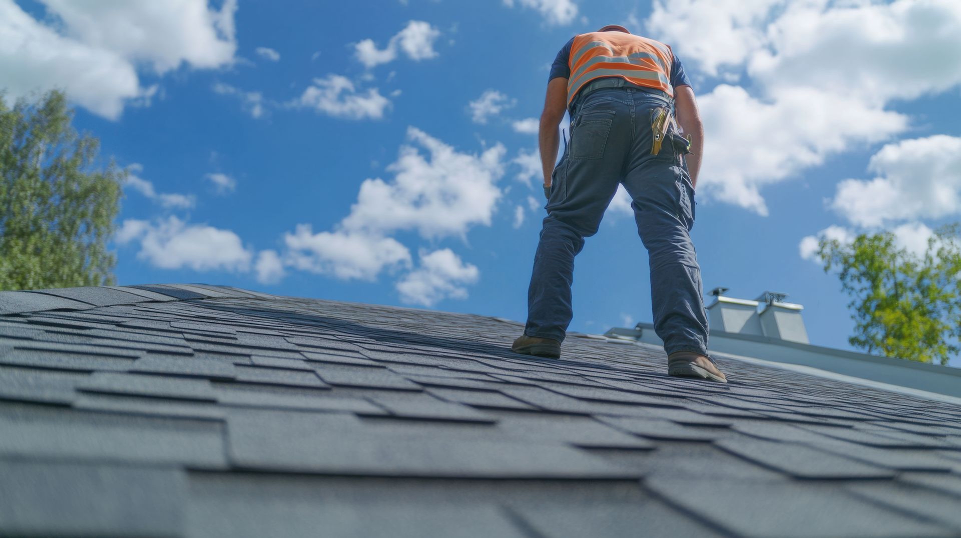A roofer inspecting shingles under a clear sky, demonstrating full roofing services professionally. A roofer inspecting shingles under a clear sky, demonstrating full roofing services professionally.