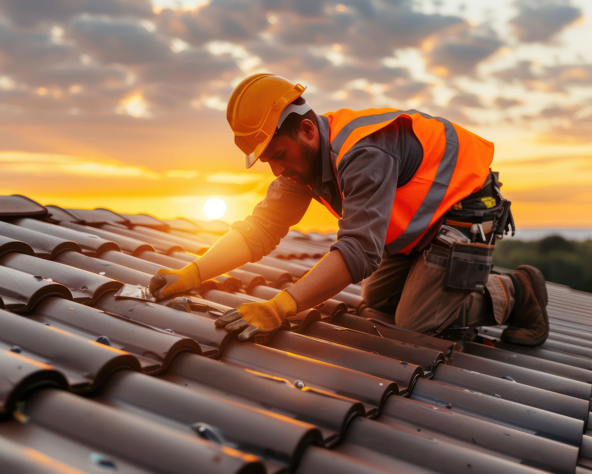 A roofer installing tiles at sunset, showcasing full roofing services with professional care. A roofer installing tiles at sunset, showcasing full roofing services with professional care.