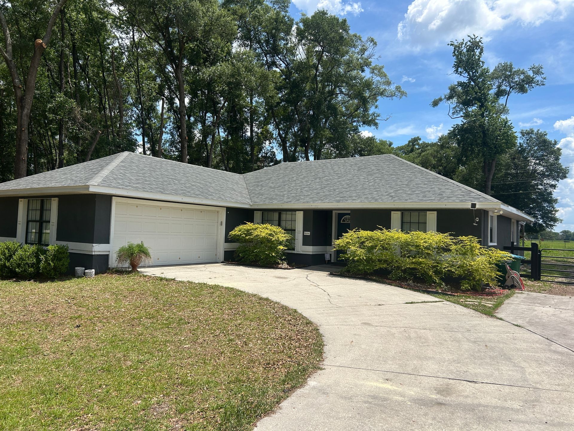 Single-story white house with a curved driveway, trees, and blue sky