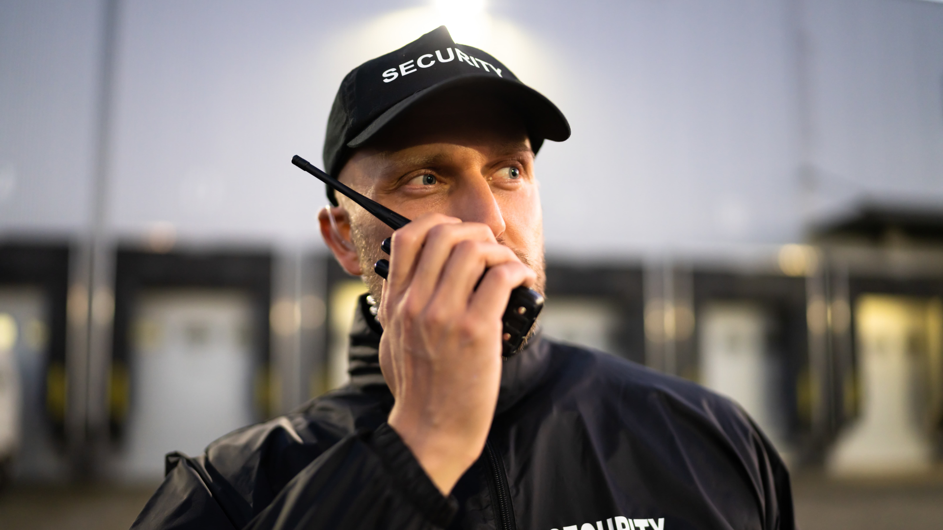 A security guard is talking on a walkie talkie.