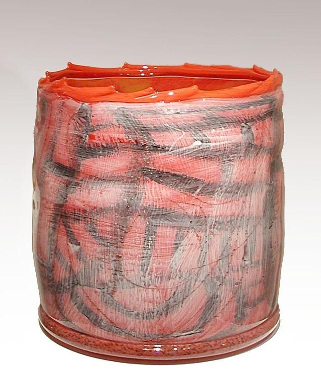 Red and grey glazed ceramic vase with a textured exterior, featuring a layered orange rim.