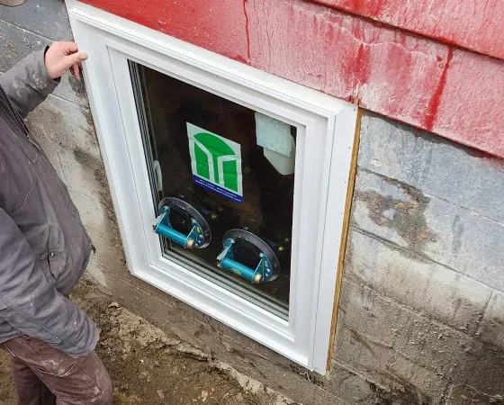 Person installing a white window into a red and gray brick wall.