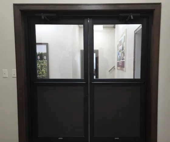 Double doors with clear glass panels and dark frames, leading to a brightly lit hallway.