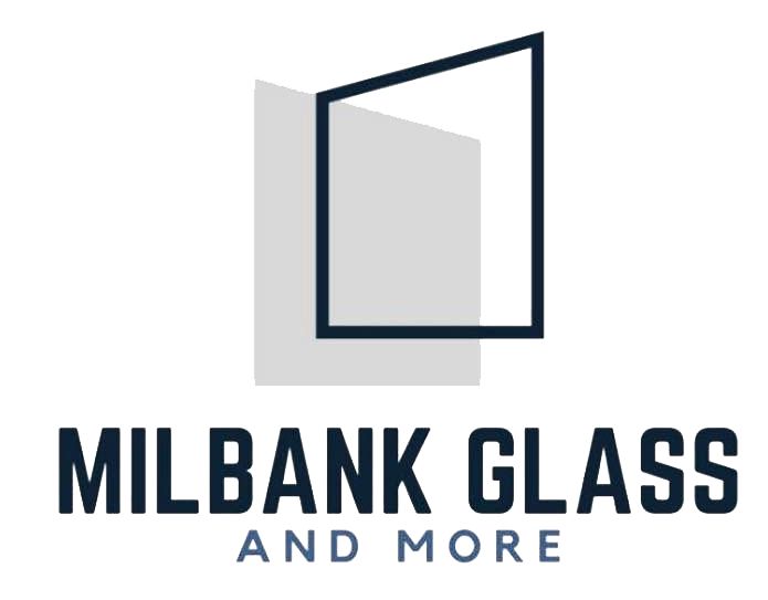 Logo for Milbank Glass and More. Gray glass shape with open dark blue square, dark blue text.