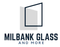 Logo for Milbank Glass and More. Gray glass shape with open dark blue square, dark blue text.