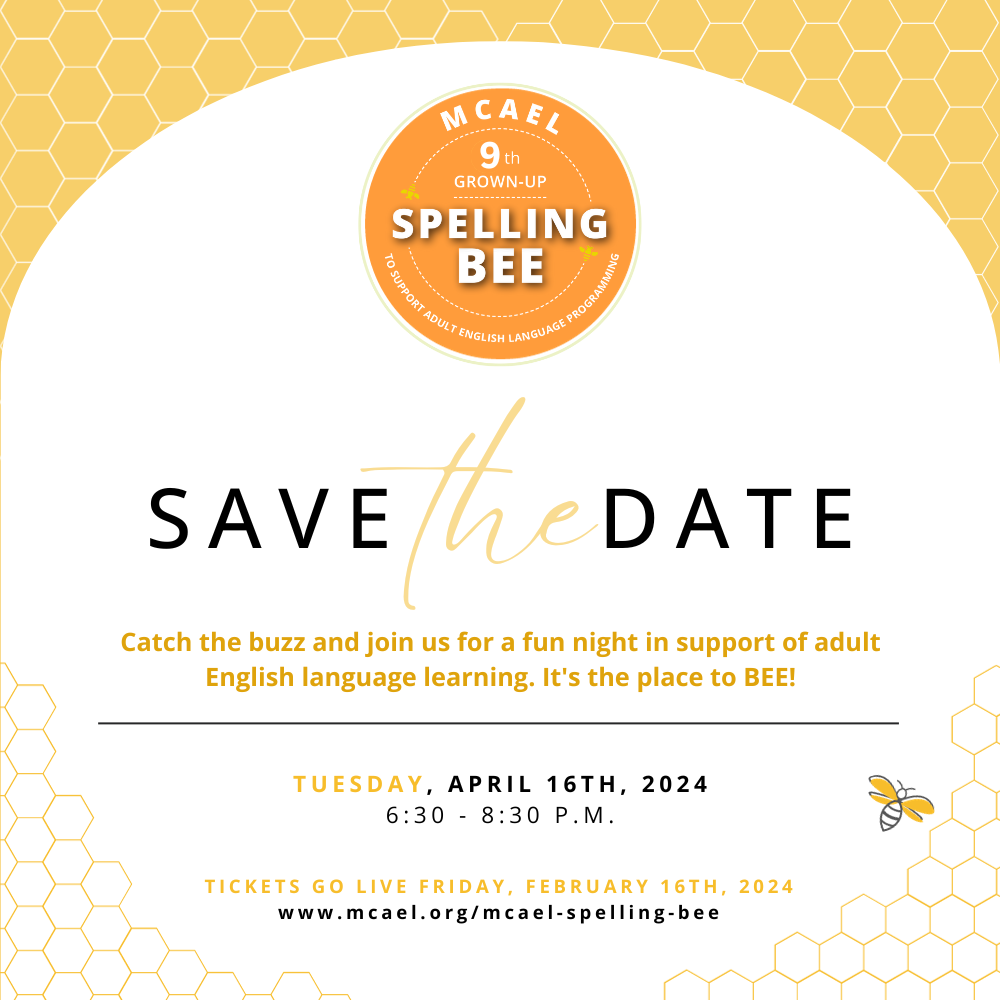 MCAEL Spelling Bee flyer! The event is on May 3rd from 6:30 - 8:30 p.m.