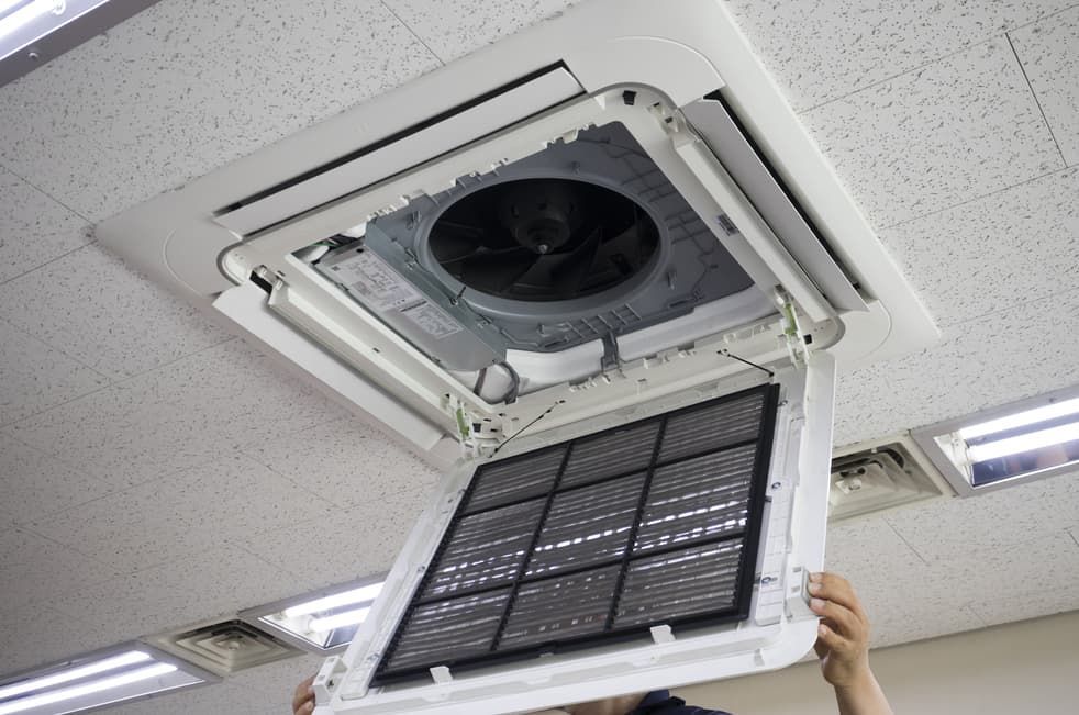 A close up of the inside of an air conditioner.