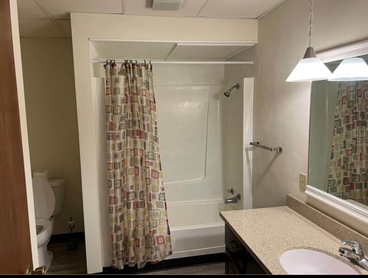 A bathroom with a toilet , sink , shower and mirror.