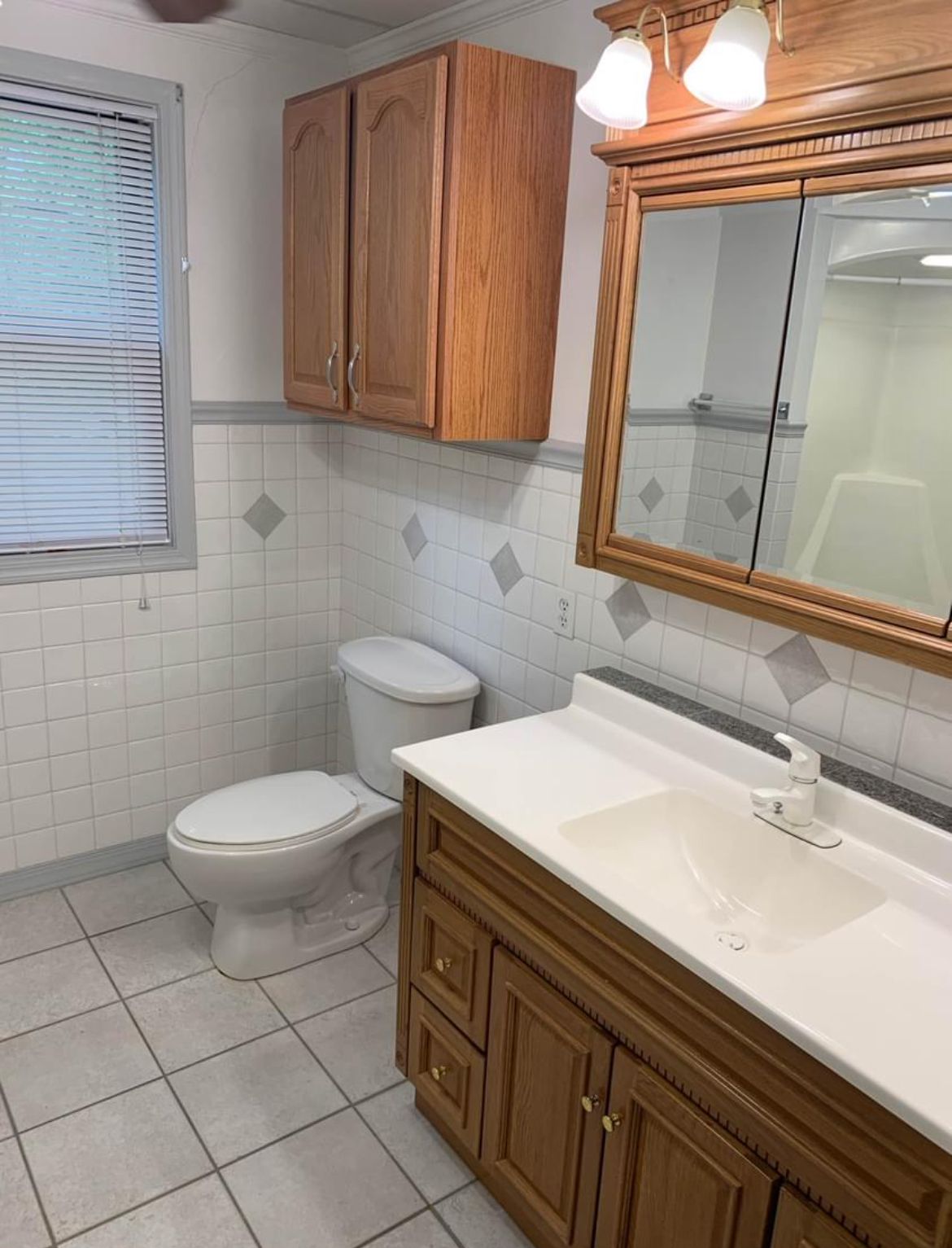 A bathroom with a toilet a sink and a mirror