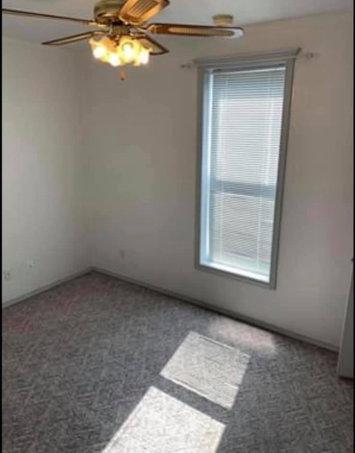 A bedroom with a ceiling fan and a window.