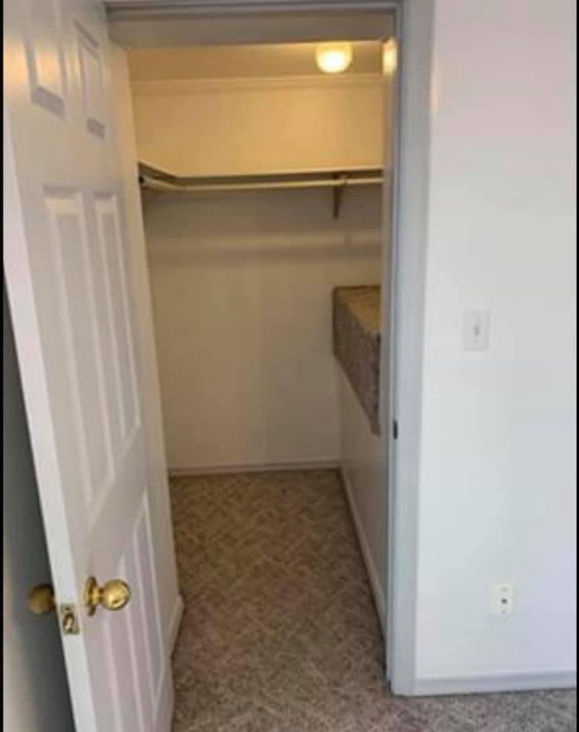 A closet with a door open and shelves in a bedroom.