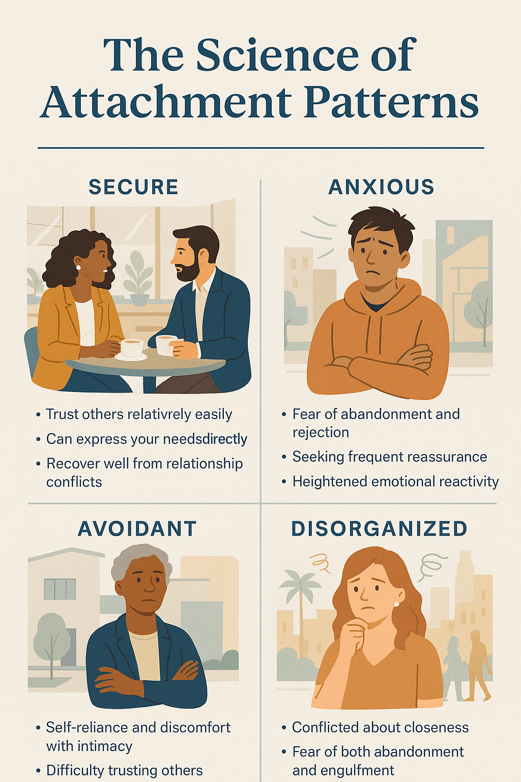 Illustrated diagram showing four attachment styles: secure, anxious, avoidant, and disorganized, with visual representations of each pattern