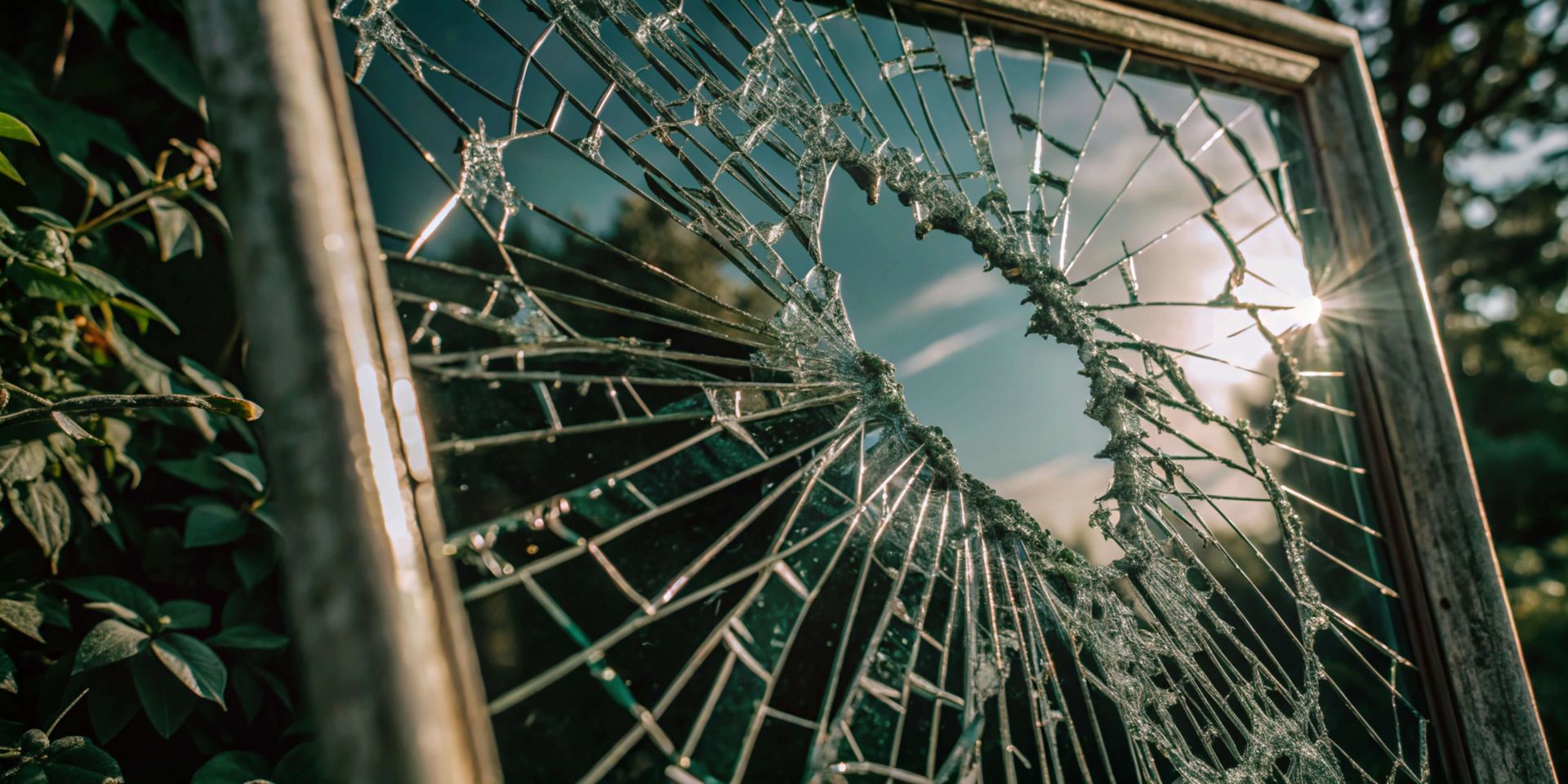 Shattered mirror with cracks radiating from center impact point, metaphorically representing how trauma can break self-trust and inner confidence