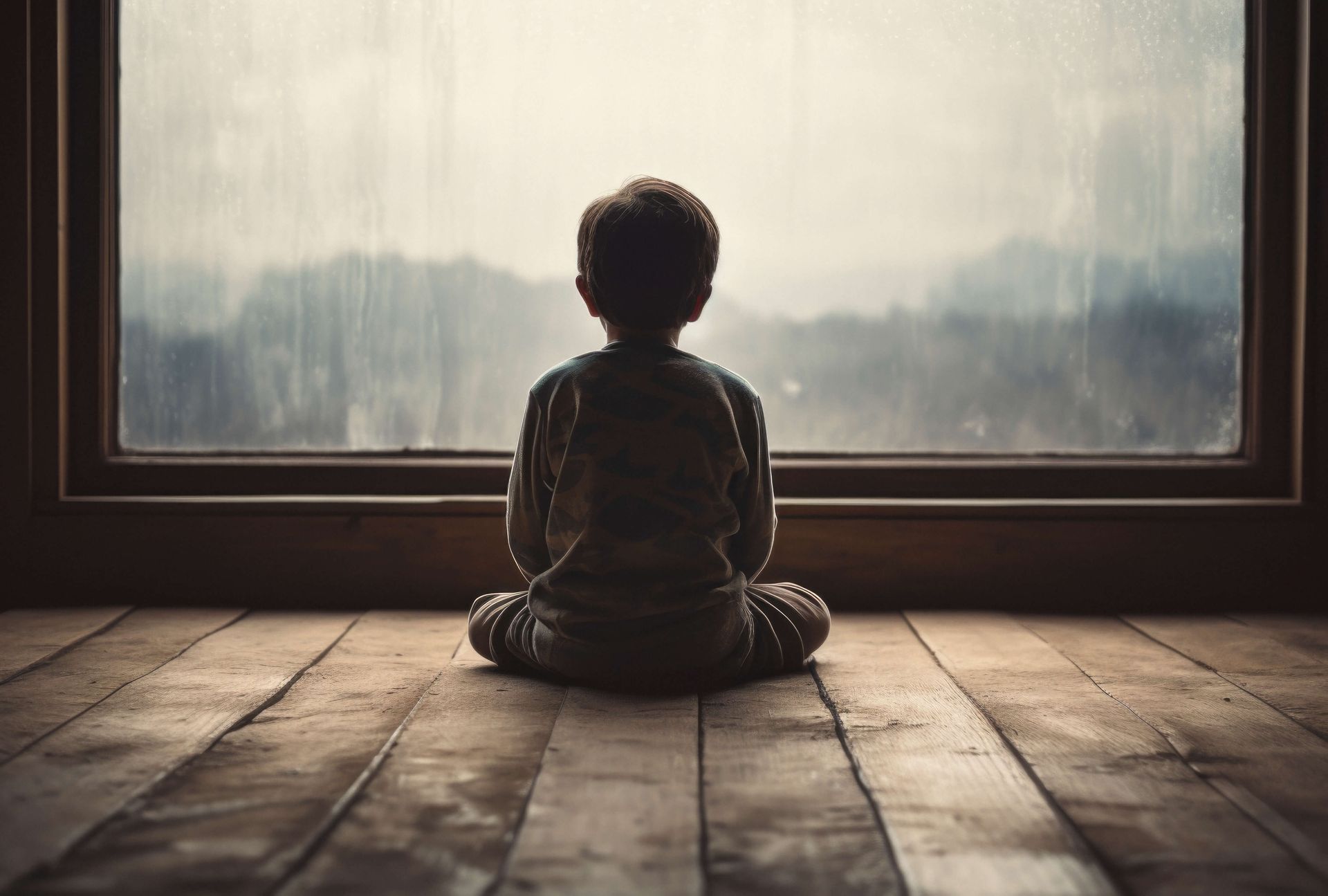 Silhouette of child sitting alone by large window looking out at misty landscape, representing inner child work and healing childhood trauma for self-trust