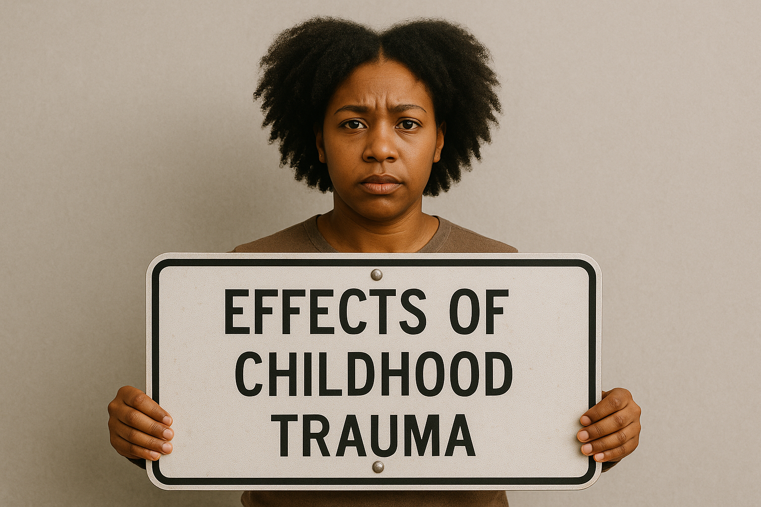 Woman with serious expression holding sign that reads 'Effects of Childhood Trauma', representing awareness of trauma's impact