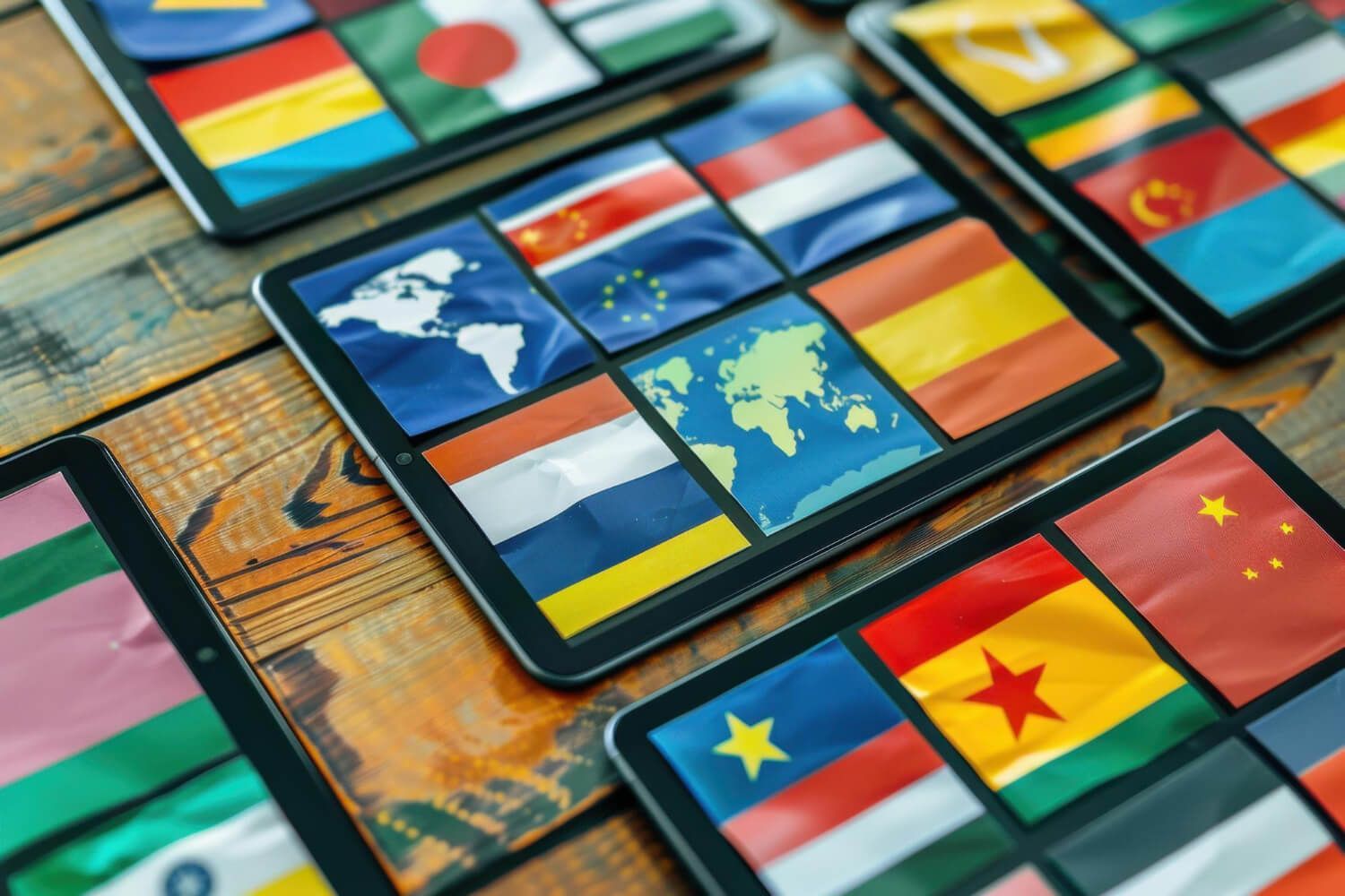 Multiple tablet screens displaying various international flags and cultural symbols representing diversity and cultural competence in therapy