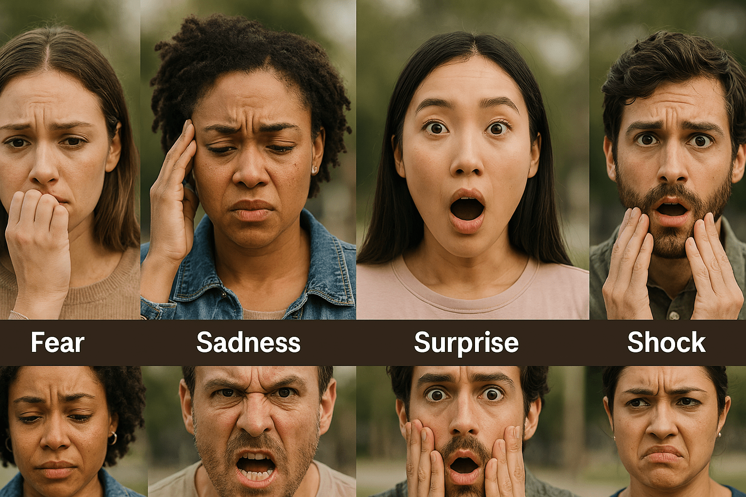 Grid of eight diverse individuals displaying primary emotions labeled fear, sadness, surprise, and shock in the top row, with expressions of grief, anger, disbelief, and contempt in the bottom row - used to help identify emotional responses in trauma-informed therapy